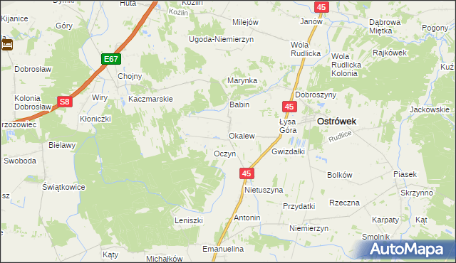 mapa Okalew gmina Ostrówek, Okalew gmina Ostrówek na mapie Targeo