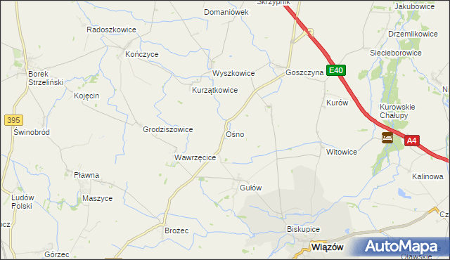 mapa Ośno gmina Wiązów, Ośno gmina Wiązów na mapie Targeo