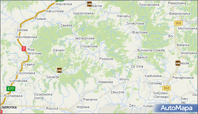 mapa Podszkle gmina Czarny Dunajec, Podszkle gmina Czarny Dunajec na mapie Targeo