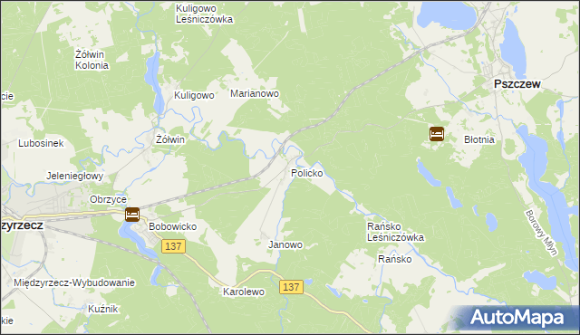 mapa Policko gmina Pszczew, Policko gmina Pszczew na mapie Targeo