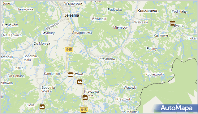 mapa Przyborów gmina Jeleśnia, Przyborów gmina Jeleśnia na mapie Targeo