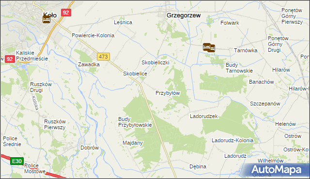 mapa Przybyłów gmina Koło, Przybyłów gmina Koło na mapie Targeo