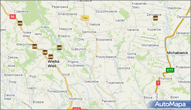 mapa Przybysławice gmina Zielonki, Przybysławice gmina Zielonki na mapie Targeo