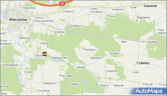 mapa Przywory gmina Czastary, Przywory gmina Czastary na mapie Targeo