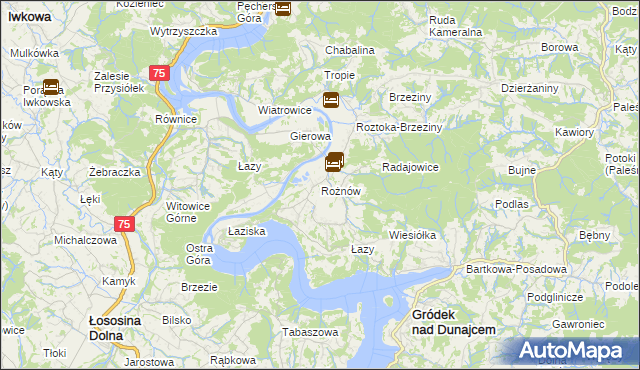 mapa Rożnów gmina Gródek nad Dunajcem, Rożnów gmina Gródek nad Dunajcem na mapie Targeo