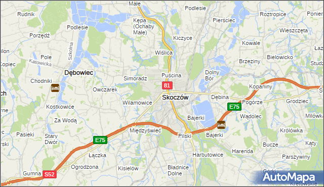 mapa Skoczów powiat cieszyński, Skoczów powiat cieszyński na mapie Targeo