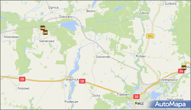 mapa Sokoliniec gmina Recz, Sokoliniec gmina Recz na mapie Targeo