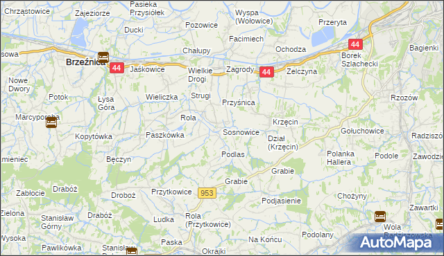 mapa Sosnowice gmina Brzeźnica, Sosnowice gmina Brzeźnica na mapie Targeo