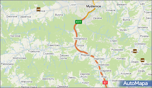 mapa Stróża gmina Pcim, Stróża gmina Pcim na mapie Targeo