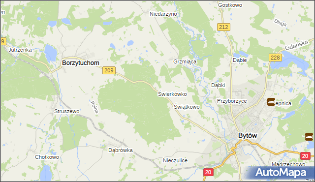 mapa Świerkówko gmina Bytów, Świerkówko gmina Bytów na mapie Targeo