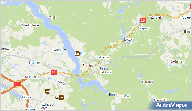 mapa Szklarnia gmina Ostróda, Szklarnia gmina Ostróda na mapie Targeo