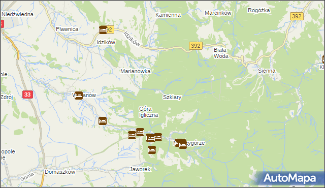 mapa Szklary gmina Bystrzyca Kłodzka, Szklary gmina Bystrzyca Kłodzka na mapie Targeo