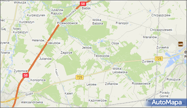 mapa Teodozjów gmina Biała Rawska, Teodozjów gmina Biała Rawska na mapie Targeo