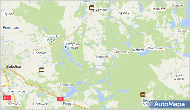 mapa Trzebień gmina Bobolice, Trzebień gmina Bobolice na mapie Targeo