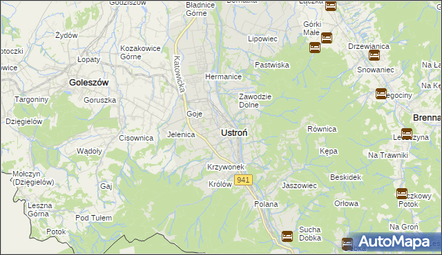 mapa Ustroń powiat cieszyński, Ustroń powiat cieszyński na mapie Targeo