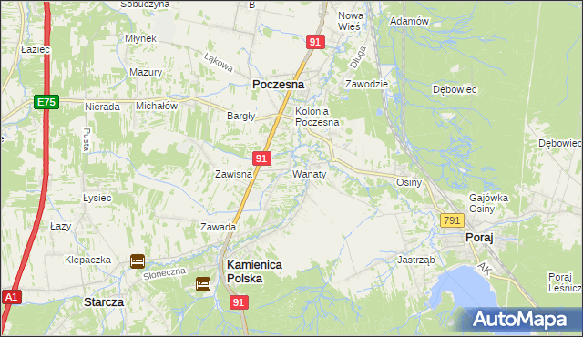 mapa Wanaty gmina Kamienica Polska, Wanaty gmina Kamienica Polska na mapie Targeo