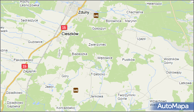 mapa Wężowice gmina Cieszków, Wężowice gmina Cieszków na mapie Targeo