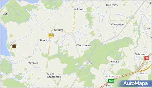 mapa Wierciszewo gmina Sianów, Wierciszewo gmina Sianów na mapie Targeo