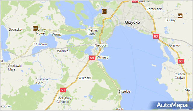 mapa Wilkasy gmina Giżycko, Wilkasy gmina Giżycko na mapie Targeo