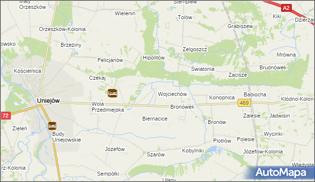 mapa Wojciechów gmina Wartkowice, Wojciechów gmina Wartkowice na mapie Targeo