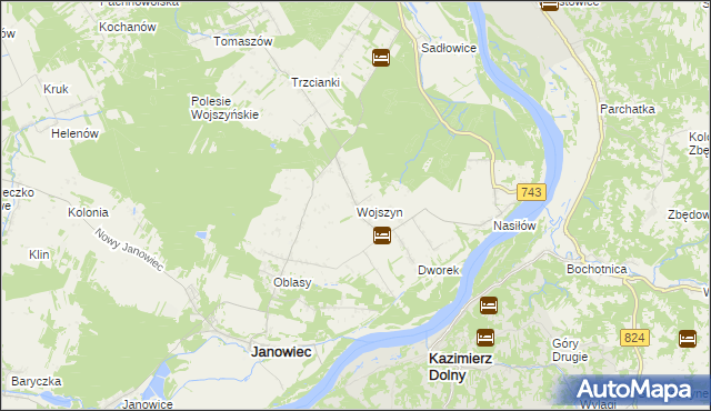 mapa Wojszyn gmina Janowiec, Wojszyn gmina Janowiec na mapie Targeo