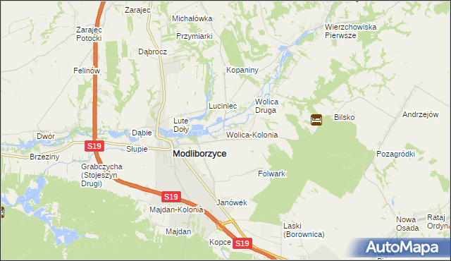 mapa Wolica-Kolonia gmina Modliborzyce, Wolica-Kolonia gmina Modliborzyce na mapie Targeo