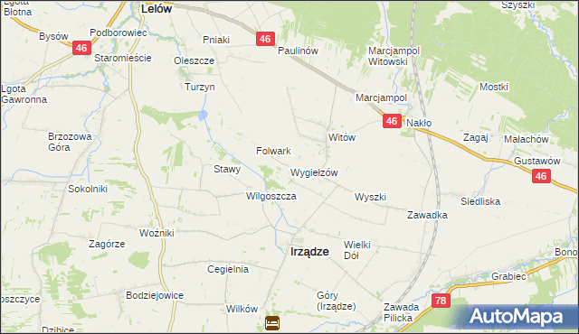 mapa Wygiełzów gmina Irządze, Wygiełzów gmina Irządze na mapie Targeo