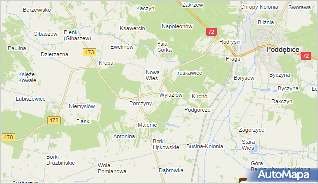 mapa Wylazłów gmina Poddębice, Wylazłów gmina Poddębice na mapie Targeo
