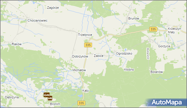 mapa Żabice gmina Chocianów, Żabice gmina Chocianów na mapie Targeo