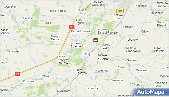 mapa Zakrzew gmina Nowa Sucha, Zakrzew gmina Nowa Sucha na mapie Targeo