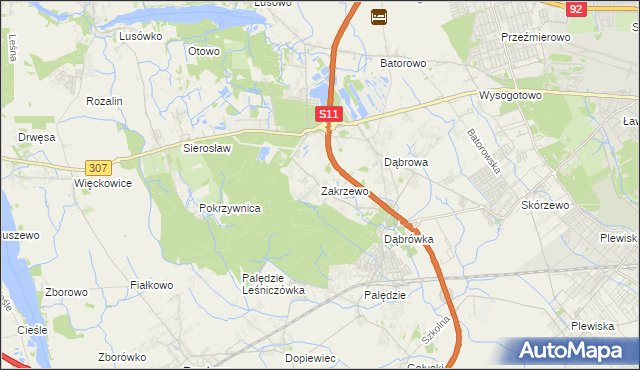 mapa Zakrzewo gmina Dopiewo, Zakrzewo gmina Dopiewo na mapie Targeo