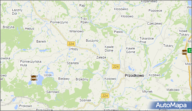 mapa Załęże gmina Przodkowo, Załęże gmina Przodkowo na mapie Targeo