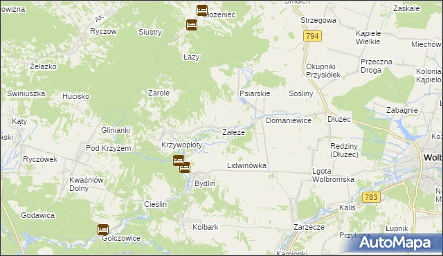 mapa Załęże gmina Wolbrom, Załęże gmina Wolbrom na mapie Targeo