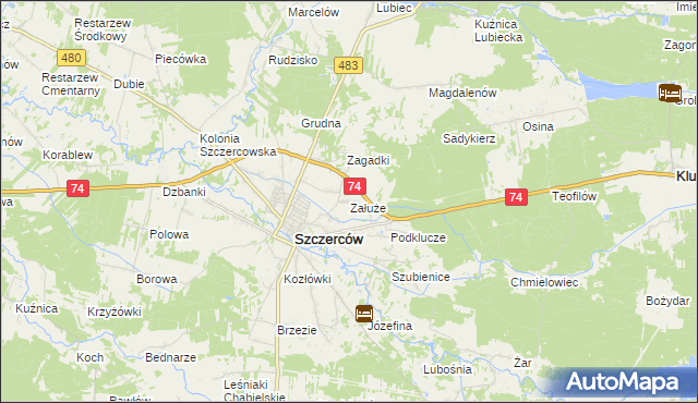 mapa Załuże gmina Szczerców, Załuże gmina Szczerców na mapie Targeo