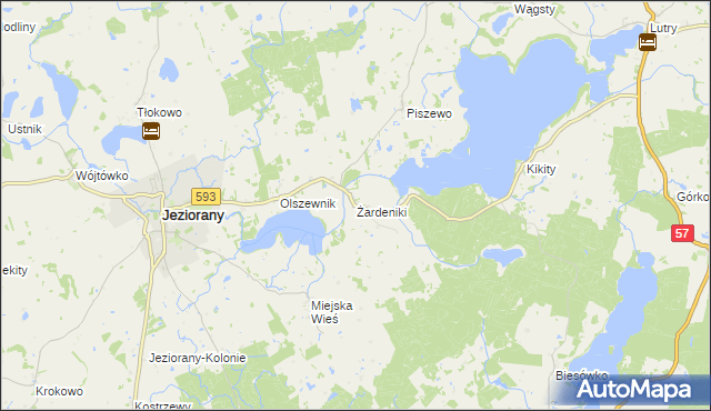 mapa Żardeniki gmina Jeziorany, Żardeniki gmina Jeziorany na mapie Targeo
