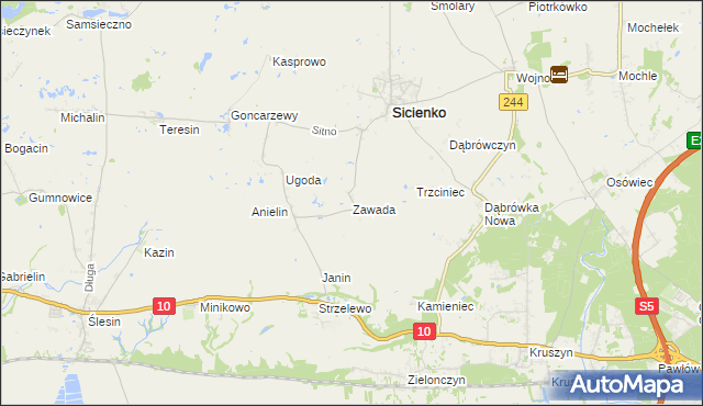mapa Zawada gmina Sicienko, Zawada gmina Sicienko na mapie Targeo