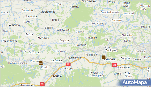 mapa Zawadka gmina Tymbark, Zawadka gmina Tymbark na mapie Targeo