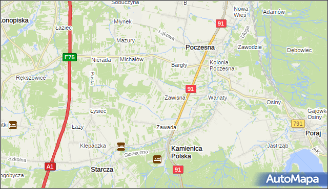 mapa Zawisna gmina Kamienica Polska, Zawisna gmina Kamienica Polska na mapie Targeo
