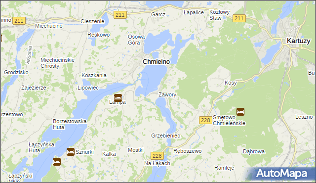 mapa Zawory gmina Chmielno, Zawory gmina Chmielno na mapie Targeo