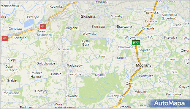 mapa Buków gmina Mogilany, Buków gmina Mogilany na mapie Targeo