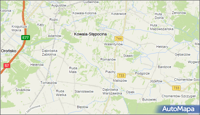 mapa Romanów gmina Kowala, Romanów gmina Kowala na mapie Targeo