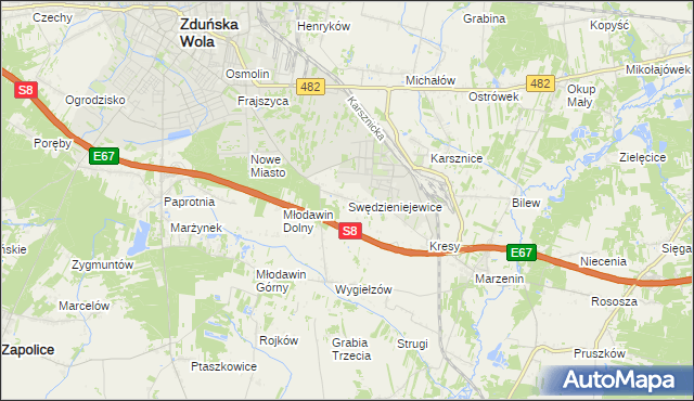 mapa Swędzieniejewice, Swędzieniejewice na mapie Targeo