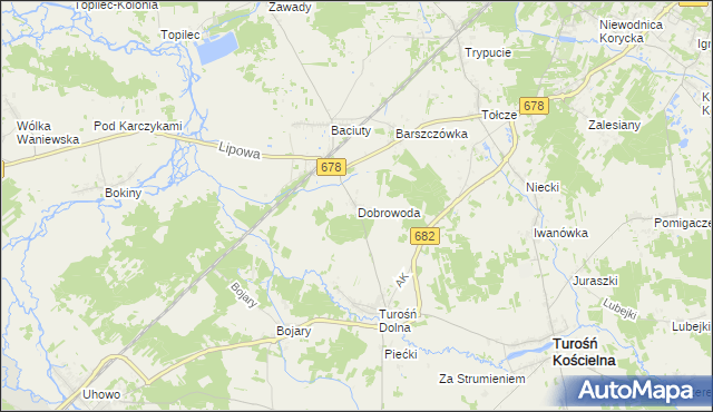 mapa Dobrowoda gmina Turośń Kościelna, Dobrowoda gmina Turośń Kościelna na mapie Targeo