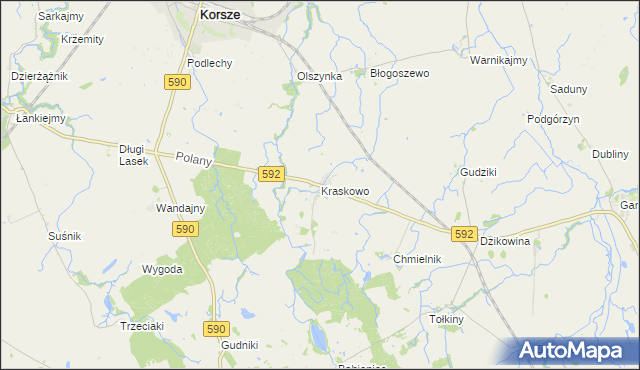 mapa Kraskowo gmina Korsze, Kraskowo gmina Korsze na mapie Targeo