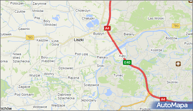 mapa Piekary gmina Liszki, Piekary gmina Liszki na mapie Targeo