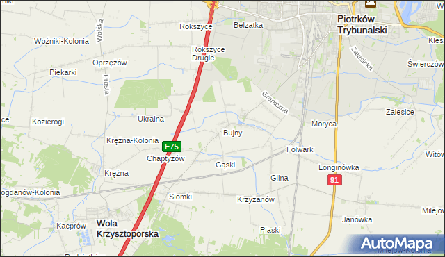 mapa Bujny gmina Wola Krzysztoporska, Bujny gmina Wola Krzysztoporska na mapie Targeo