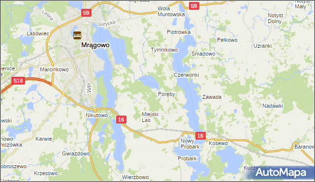 mapa Poręby gmina Mrągowo, Poręby gmina Mrągowo na mapie Targeo