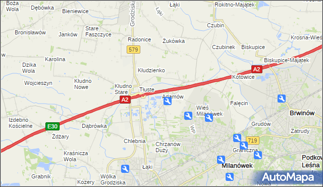 mapa Adamów gmina Grodzisk Mazowiecki, Adamów gmina Grodzisk Mazowiecki na mapie Targeo