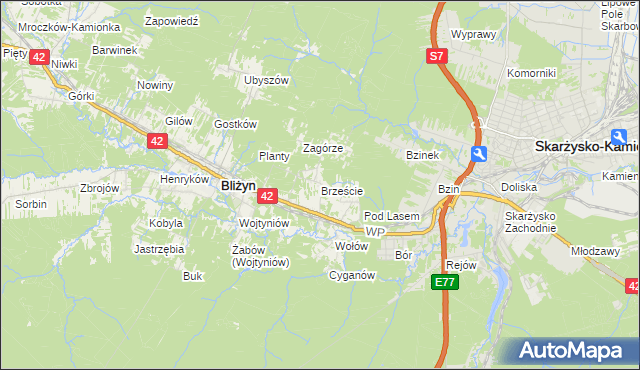 mapa Brzeście gmina Bliżyn, Brzeście gmina Bliżyn na mapie Targeo