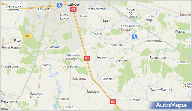 mapa Jeziory gmina Łuków, Jeziory gmina Łuków na mapie Targeo